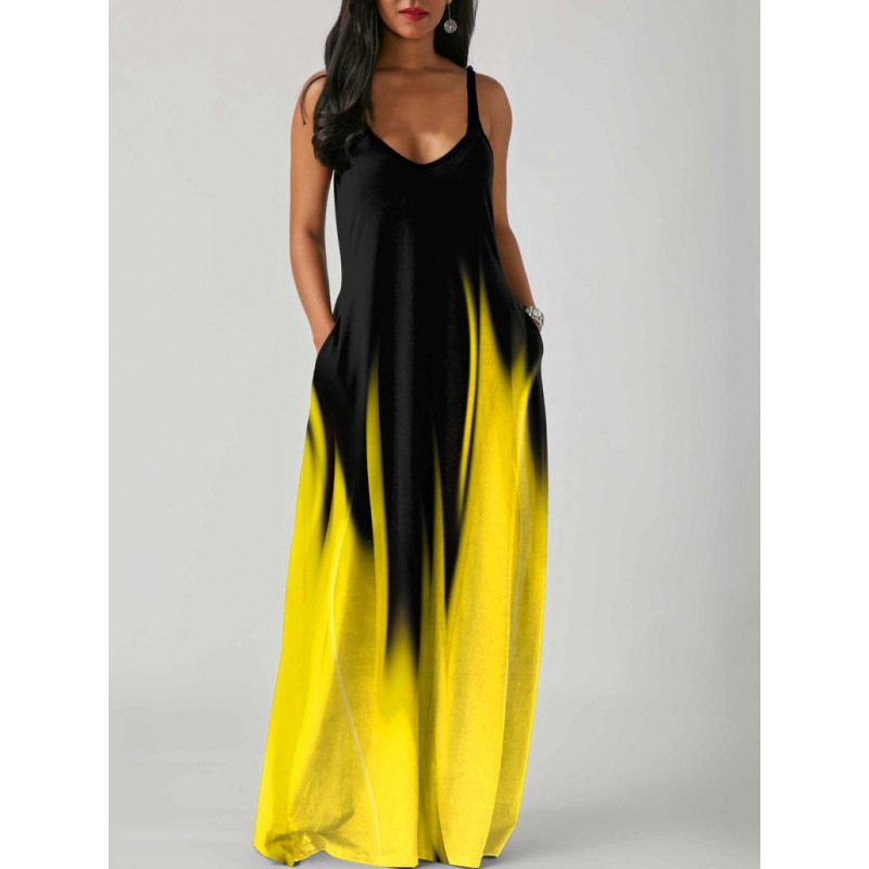 Cross-Border One-Piece Mid-Waist Long Dress, Elegant Strap-Style Dress with Pockets and Print, Vacation Beach Dress