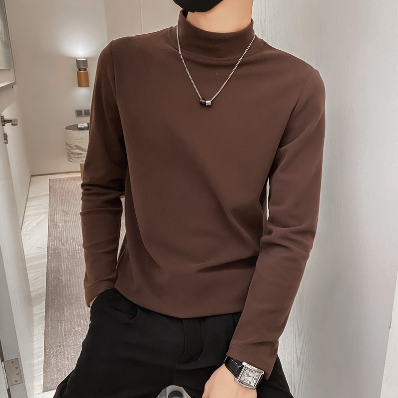 Luz viento maduro terciopelo medio cuello alto suéter hombres forrado de lana otoño e invierno marca de moda manga larga color sólido moda camisa de fondo camiseta