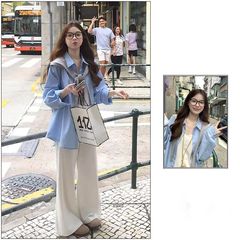 韓国カレッジスタイルブルーショールラペルシャツ女性のための春の新しいデザインニッチルーズカジュアル多用途シャツ