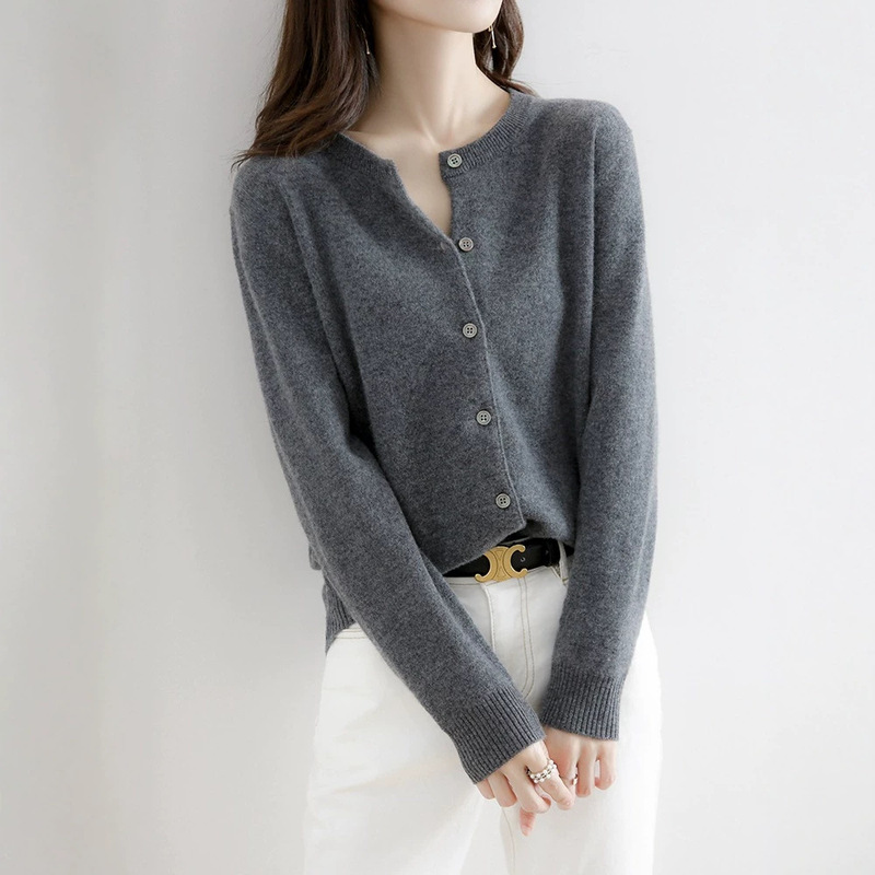 Cross-border wholesale of new spring, autumn, and winter round-neck cardigans for women, knitted sweaters, long-sleeve women's clothing, versatile and slimming