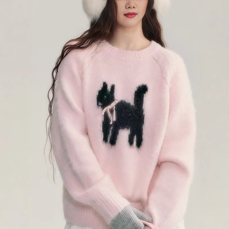 Design knitted autumn cartoon sweater with bow with a round collar
