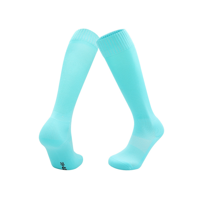 Calcetines de fútbol transfronterizos de color liso, finos, de alta elasticidad, para otoño e invierno, con base de rizo, calcetines deportivos por encima de la rodilla para niños, calcetines transpirables para hombre.