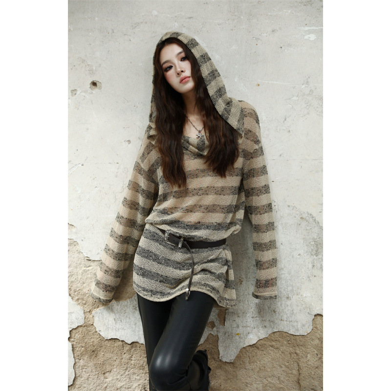 Wasteland Style Sun Protection Striped Hooded Loose Long-Sleeved Ultra-Thin Slightly See-Through Blouse T-Shirt Mid-Length Mesh Top for Women Summer