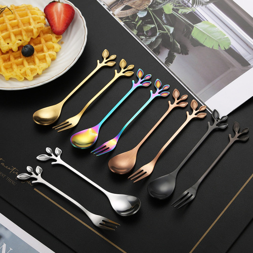 Stainless steel leaf spoon and fork Nordic mixing spoon simple coffee spoon creative gold-plated dessert spoon colorful fruit fork
