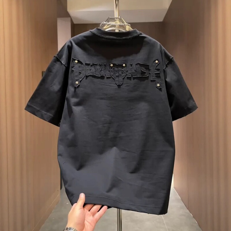 Heavyweight High-Density Short-Sleeve Men's T-Shirt, 2026 Summer New Style, Washed and Distressed with Patches and Rivets, Cool and Versatile