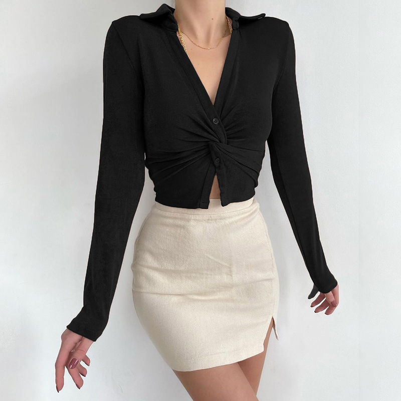 solid color knitted kink lapel button long-sleeved top NSAFS137741