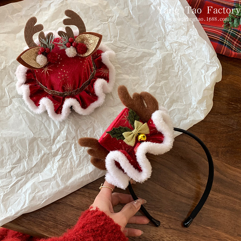 Nuevos productos originales de Navidad transfronterizos de peluche de cuerno de ciervo sombrero de Navidad clips para el cabello adorable atmósfera de fotografía de cabello