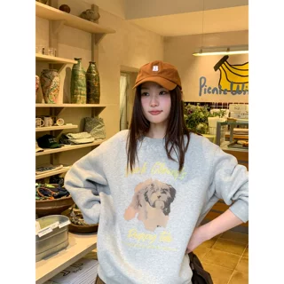 美式复古风做旧狗狗加绒卫衣女秋冬小众设计感宽松上衣