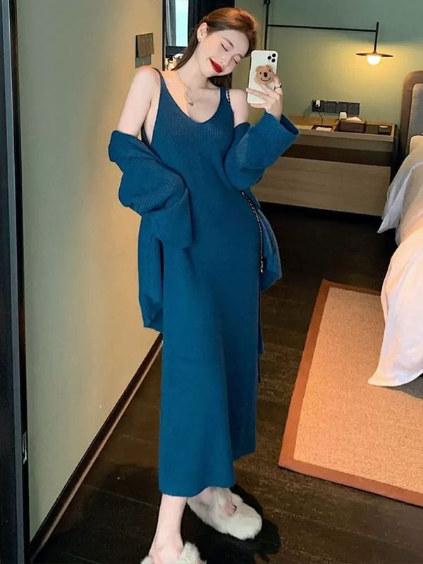 高端气质名媛女神范高级感针织开衫毛衣连衣裙两件套女早秋冬季|undefined