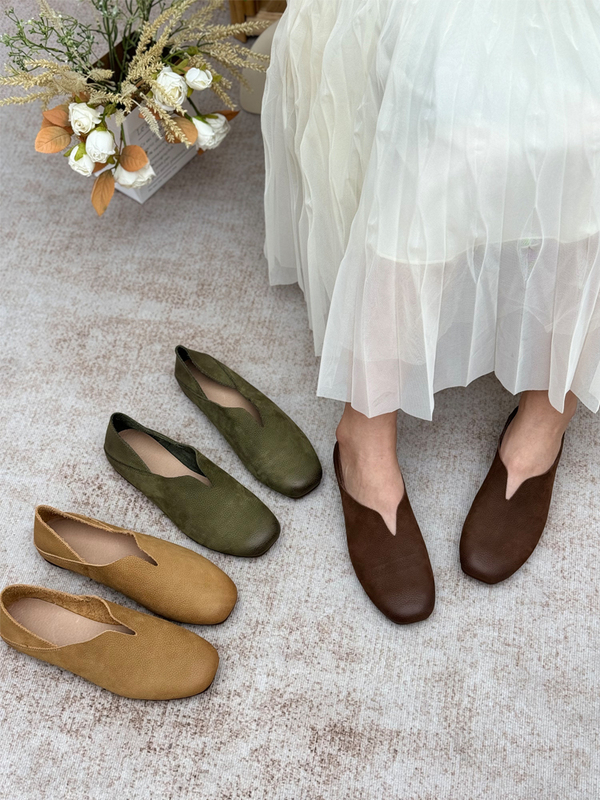 Handmade Retro Genuine Leather Women's Shoes, Soft-Soled Cowhide, Artistic Grandma Shoes, Casual Flats Shoes, Slip-On Shoes
