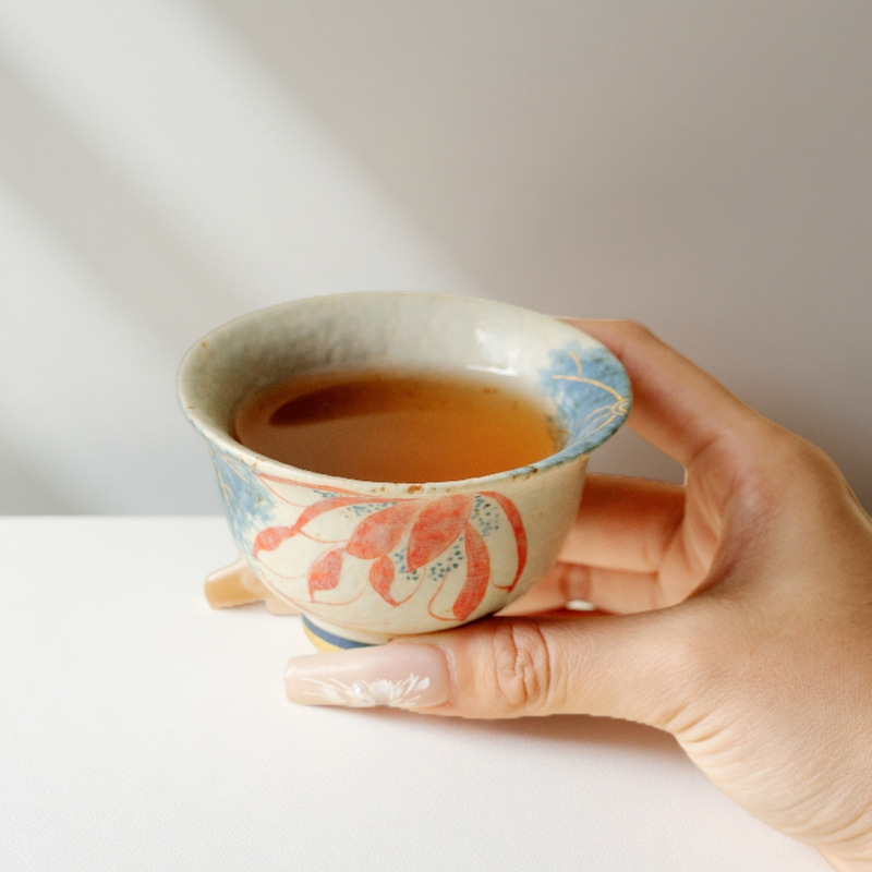 墨己焦糖釉手绘莲花压手杯陶瓷主人杯家用茶杯仿古功夫茶具品茗杯|undefined