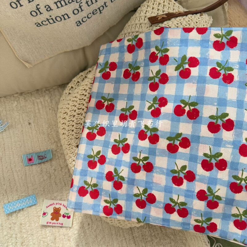 Cotton 40-Count Digital Printed Fabric Korean Style Cherry Plaid Floral Fabric Women's Clothing Children's Clothing Family Clothing Home Clothing DIY
