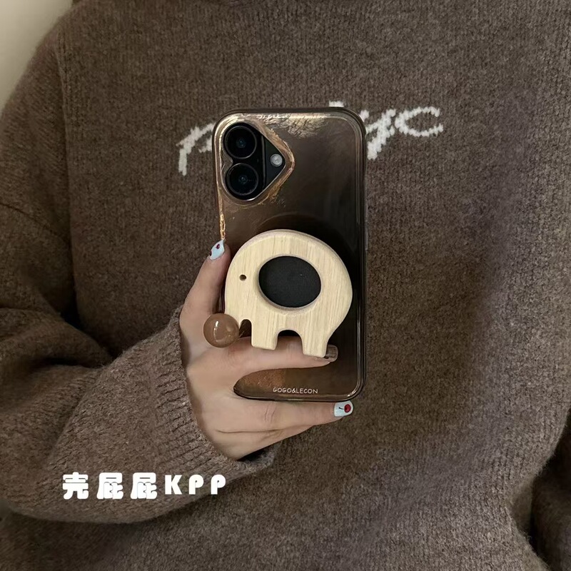 复古晕染棕木质小象支架适用iPhone17promax苹果16手机壳15新款14|undefined
