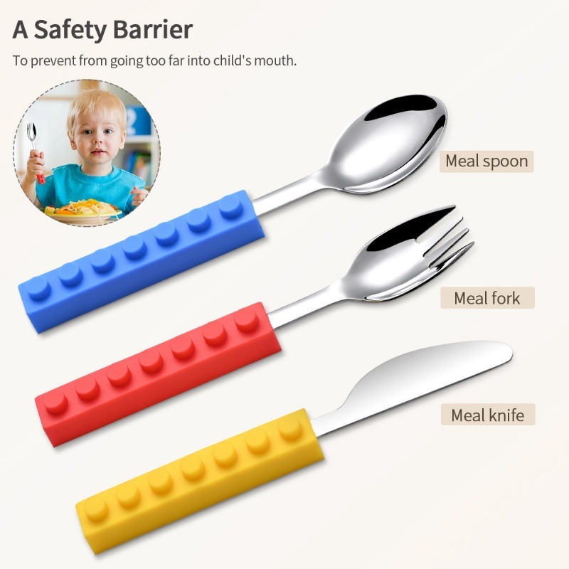 Amazon ビルディングブロックハンドルステンレス鋼子供用ナイフ、フォーク、スプーンセットクリエイティブスプライス可能な漫画ポータブル子供用食器|undefined