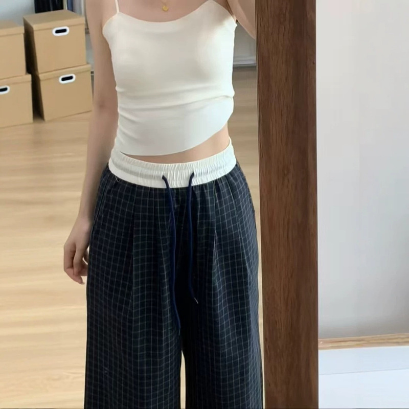Petite Women's Navy Blue Plaid Casual Pants, American Retro Style, Summer Low-Waist Drawstring Loose Slimming Wide-Leg Pants