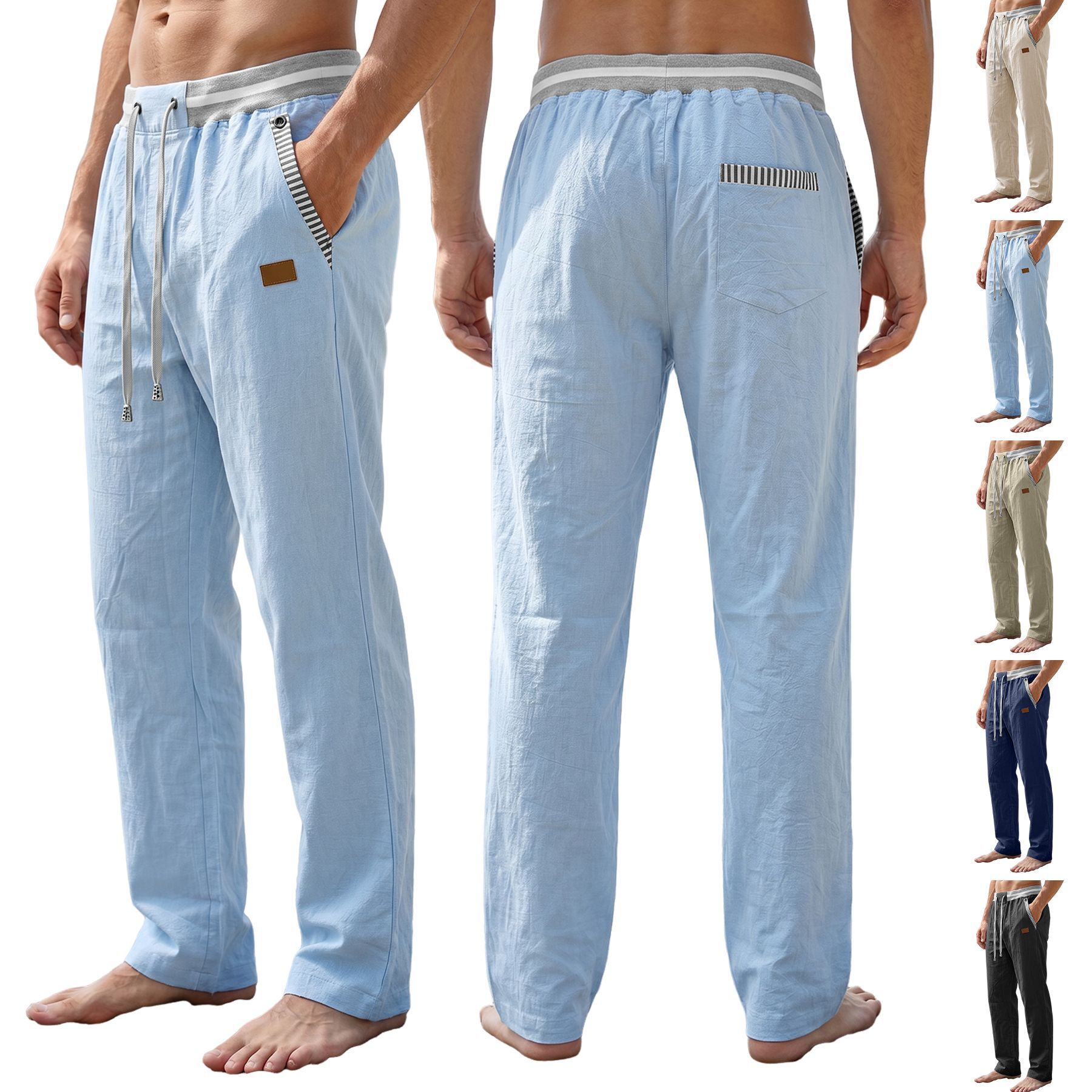 Cross-border eBay men's linen straight-leg casual pants with elastic drawstring waist, striped trim, breathable, plus-size beach pants