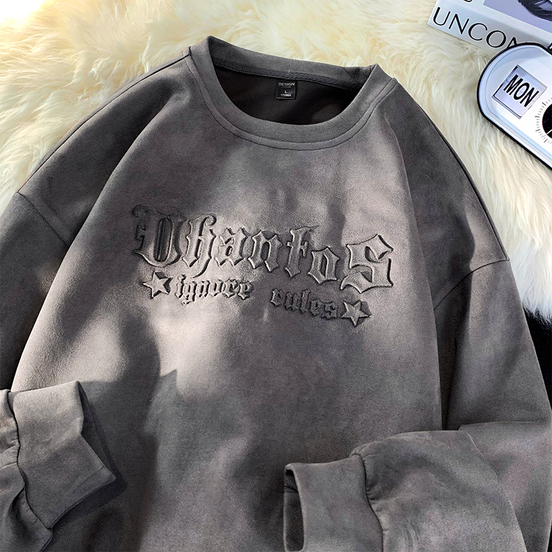 Suede estilo americano de manga larga pesada camiseta de los hombres de la marca de moda de otoño suelta camiseta superior primavera y otoño suéter