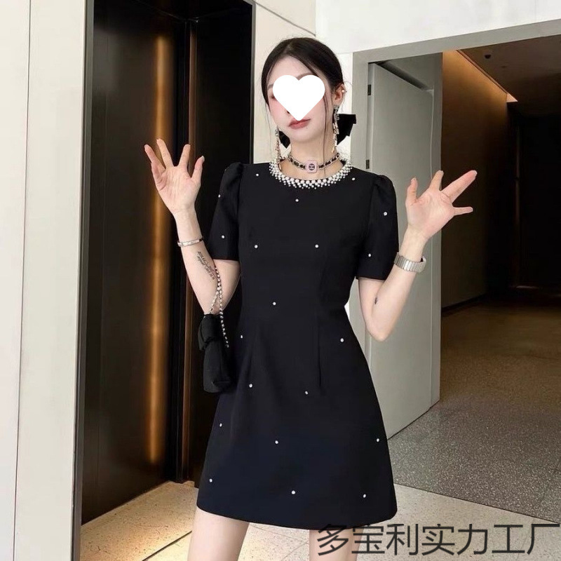 2026 New Model Heavy-Duty Rhinestone-Embellished Waist-Cinching A-Line Black Dress with a Sweet and High-End Chanel-Style Evening Gown for Women