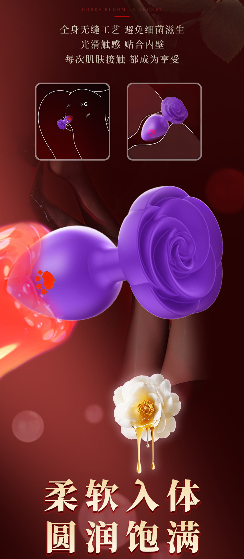 Cat Claw Rose Silicone Anal Plug, Blue Large Size, Smooth Tapered Design — detail image 5