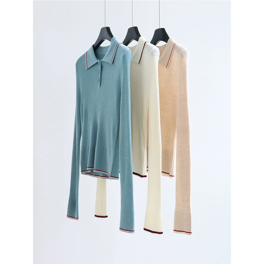 14-игольная шерстяная нижняя часть контрастного цвета, трикотаж с воротником-поло, осенне-зимний женский пуловер с длинными рукавами, простой трикотаж с низом