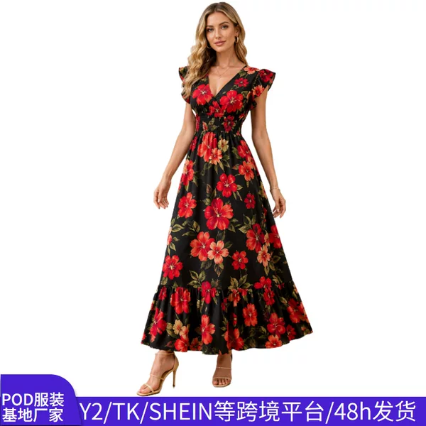 Cross-Border European and American Plus-Size Floral Women's Dress with V-Neck, Printed Ruffle Sleeves, and Waist-Cinching Design, Available for Dropshipping