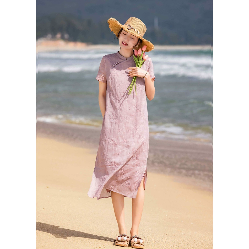 Лето 2023 Новое Женское дорожное художественное платье средней длины с вышивкой рами и короткими рукавами с вертикальным воротником