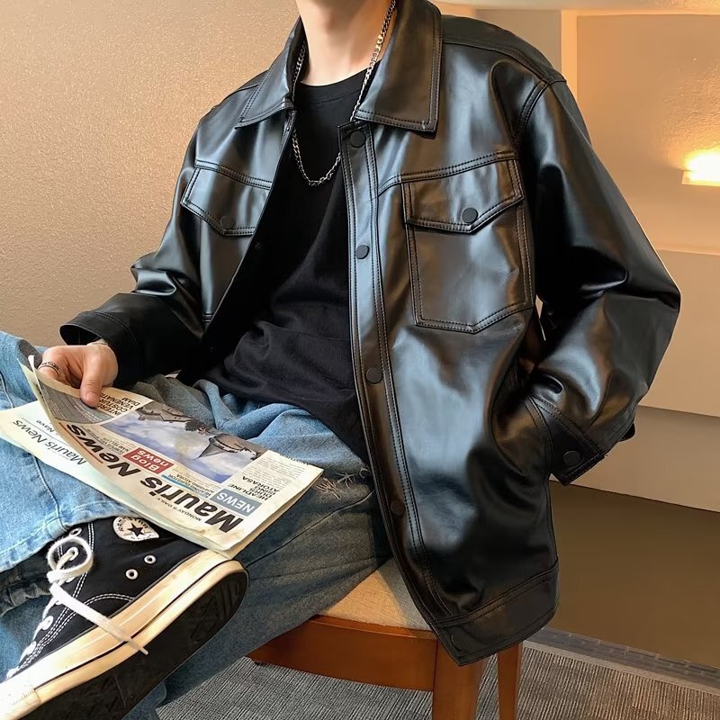 Punk leather coat men's Spring and Autumn New loose boys handsome fashion brand motorcycle jacket Korean style trendy Hong Kong style all-matching jacket
