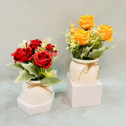 Three roses small flanged pot bonsai combination simulated plant potted Nordic style home desktop decoration ornaments
