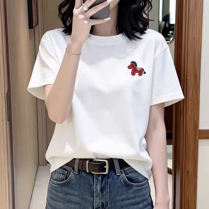 Embroidered Pony Cotton Short-Sleeve T-Shirt, Unisex, Trendy Embroidered Design, Slim Fit, Student Couple Tops Embroidered Pony Cotton Short-Sleeve T-Shirt, Unisex, Trendy Embroidered Design, Slim Fit, Student Couple Tops