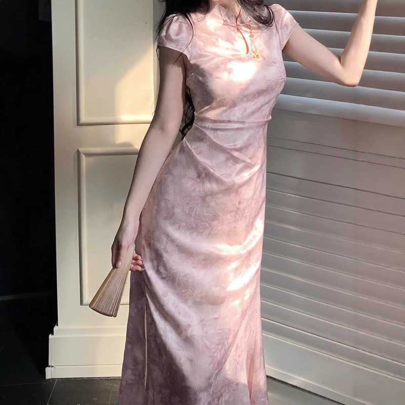 Pink Bamboo Dream Chinese Style Small Stand Collar Jacquard Straight Shoulder New Chinese Improved Short Sleeve Cheongsam Dress Pink Bamboo Dream Chinese Style Small Stand Collar Jacquard Straight Shoulder New Chinese Improved Short Sleeve Cheongsam Dress