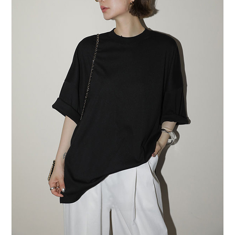 2025 风茧型廓形重磅蝙蝠袖T恤宽松侧开叉夏季大版短袖女