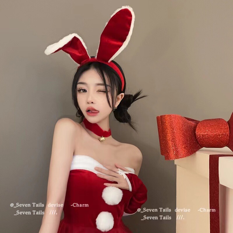 圣诞节长兔耳朵发箍新年红色毛绒兔耳朵头箍女仆兔女郎网红发饰女|undefined