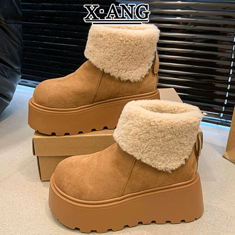 Толстая подошва увеличена, маленькие короткие сапоги зимой новые бархатные утолщенные теплые снегоступы женские кожаные хлопчатобумажные туфли