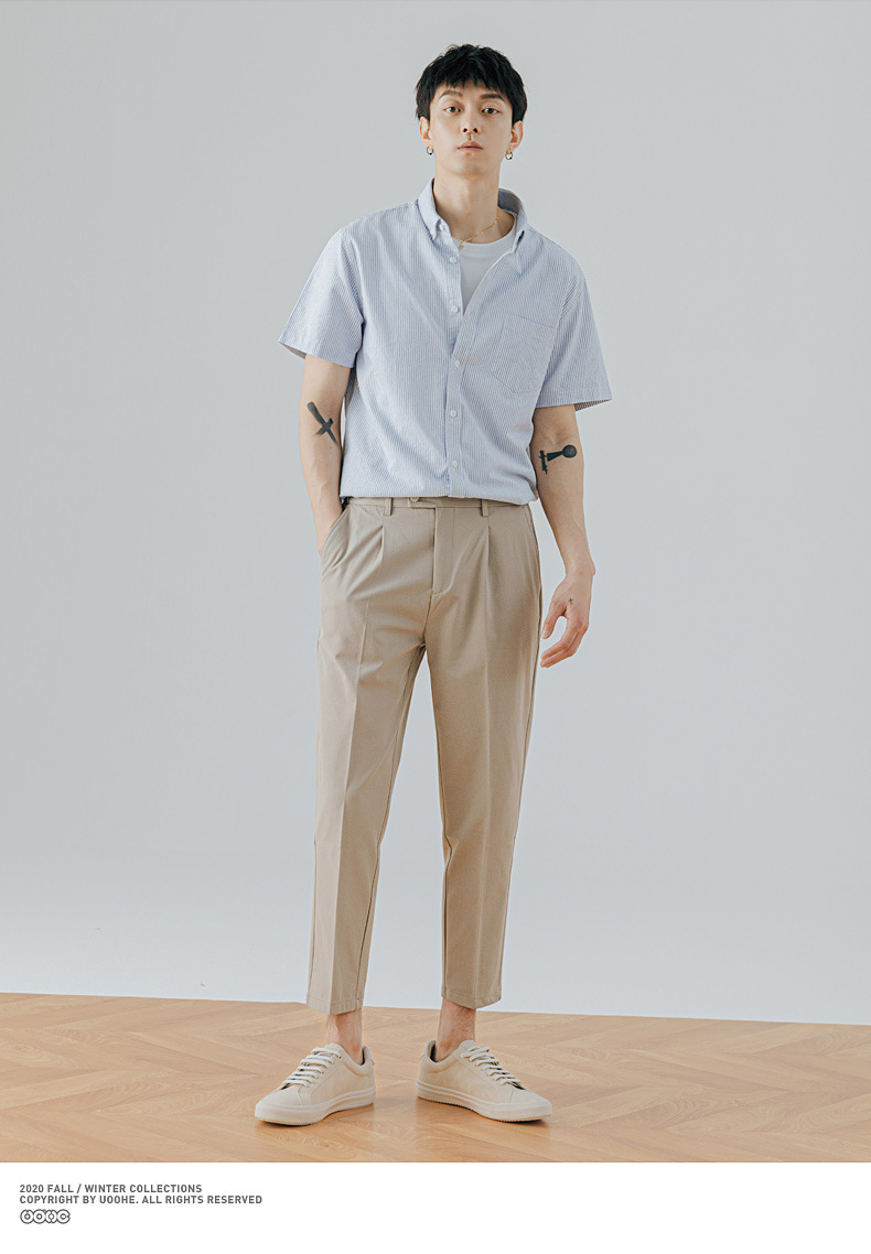 Áo sơ mi nam Oxford sọc dọc tay ngắn phong cách công sở — Phiên bản vừa vặn sọc xám ngắn tay chi tiết 14