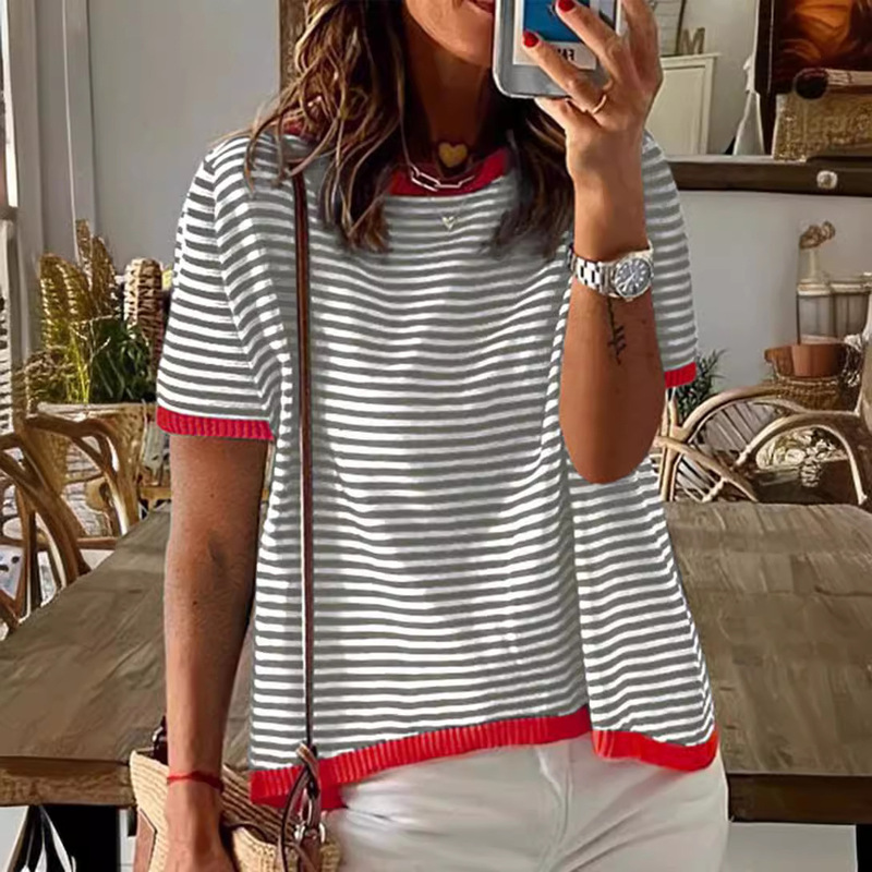 2025 New Knitted Sweater European and American Export Stripes Contrasting Design Off-Shoulder Short-Sleeved Top Knitted Sweater