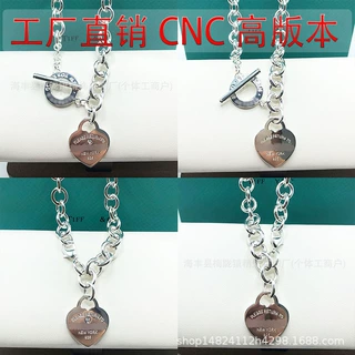 高品质T家镶钻爱心吊坠CNC钢印字母网红男女时尚ins百搭OT扣项链