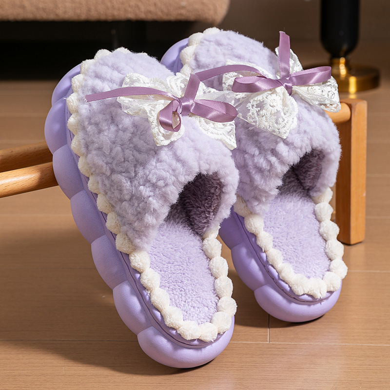 蝴蝶结棉拖鞋女士冬季加绒保暖防滑月子鞋室内居家厚底毛毛绒拖鞋|undefined