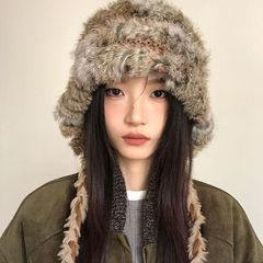 真兔毛帽子女秋冬季毛绒皮草帽子加厚防寒保暖护耳毛线针织包头帽