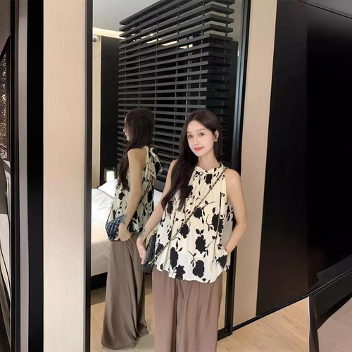 Korean style design vest for women with summer 2024 new style back tie printed temperament pleated chiffon shirt top