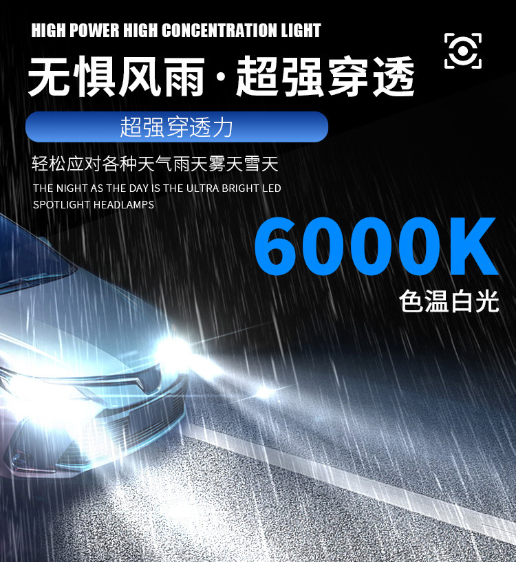 Cross-Border Hot-Selling 6 Copper Tube Car Led Headlight H4 High and Low Beam Integrated H7H19005 Spotlight Ultra-Bright Headlight 360W