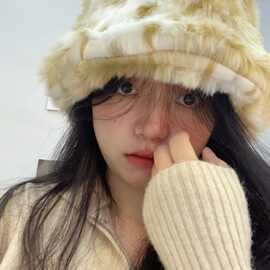 韩国ins冬季保暖护耳灯罩帽子仿皮草渐变色毛绒水桶帽复古盆帽女