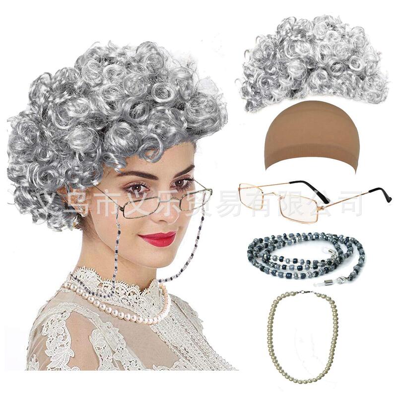 Stage performance props old woman wig middle-aged Granny White role-playing wig cos women short curly hair Stage performance props old woman wig middle-aged Granny White role-playing wig cos women short curly hair