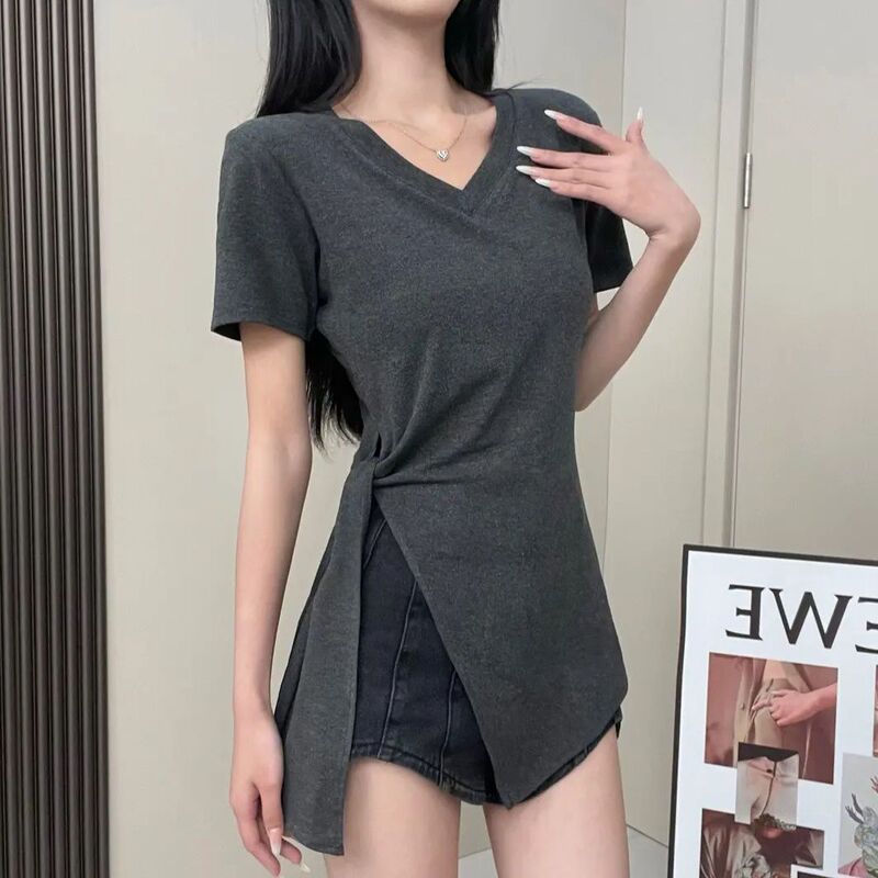 Plus Size Design Asymmetrical Strap V Neck Short-Sleeved T-Shirt for Women Summer 2025 New Slimming Look Fashion Top