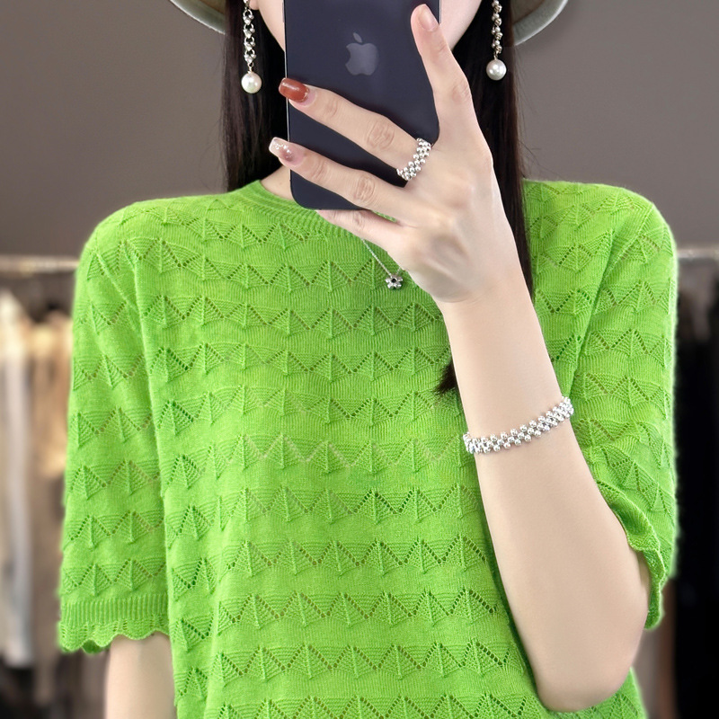 2024 Summer first-line ready-to-wear worsted wool W-shaped pattern hollow-out loose half-sleeve top