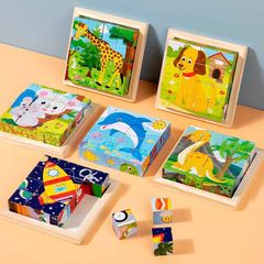 木製六面絵パズル積み木子供色動物交通恐竜認知配列組み合わせ知育玩具