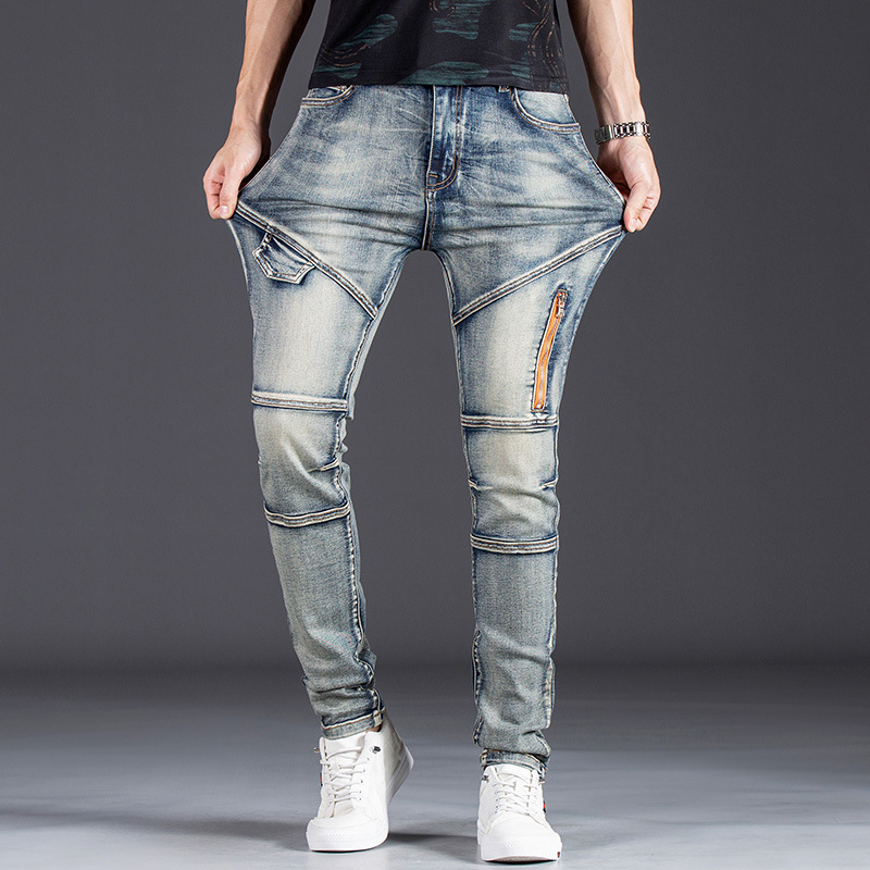 Style, personality, men's fashion, jeans, patchwork, nostalgic, elastic, small leg pants_voghion.com