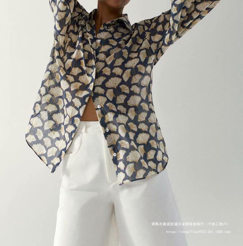 Ginkgo Leaf Print Light Decoration Autum Casual Spring Silk Cardigan with Elegant Texture Long-Sleeved Blouse Top