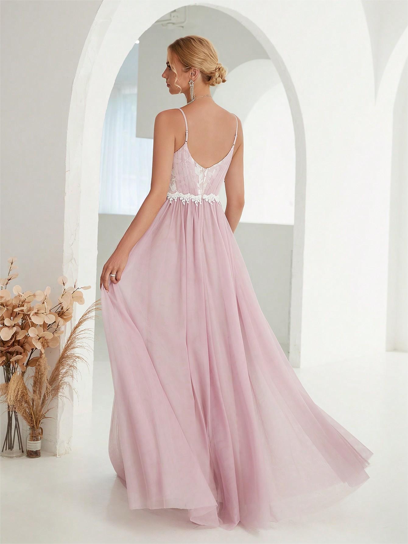 Women Suspender Evening Dress Mesh Cross Fold Lace Contrast Color Maxi Dress Summer