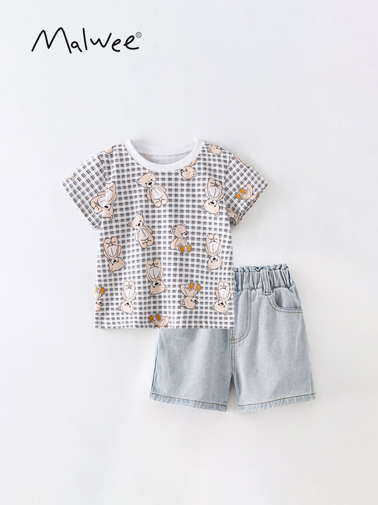 Malwee set de niñas de verano nuevo estilo europeo y americano para niños de cuello redondo camiseta de cintura elástica jeans dos piezas set