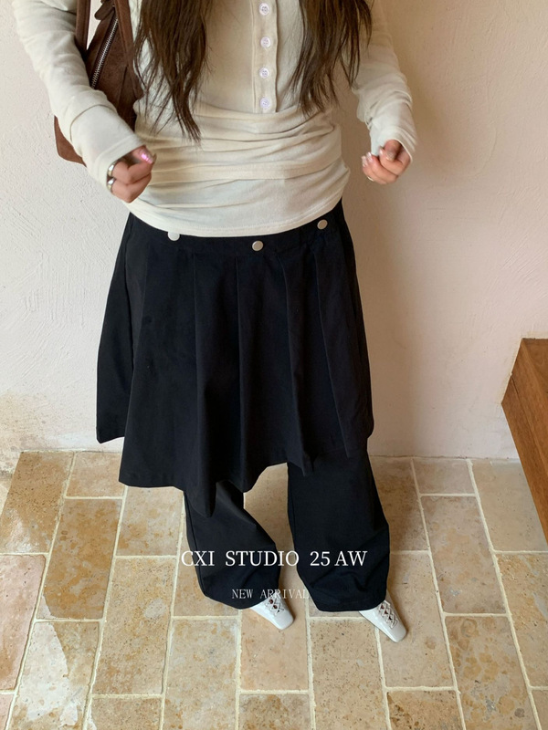 CXI 小众设计感宽松叠穿阔腿裤拖地裤可拆卸半裙百褶半身裙长裤女|undefined